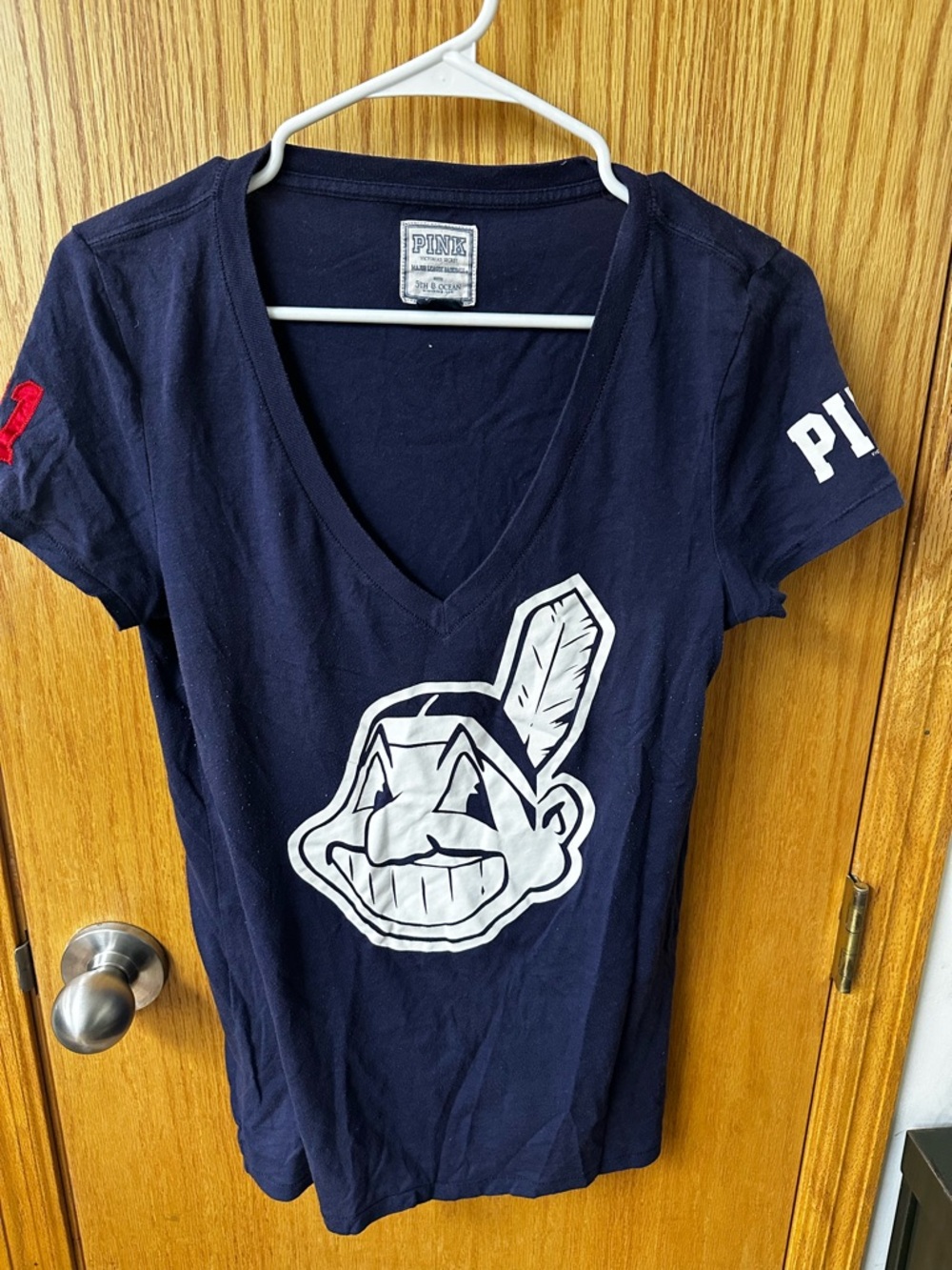PINK Victoria's Secret Navy Blue Short Sleeve V-Neck Tee with White Graphic